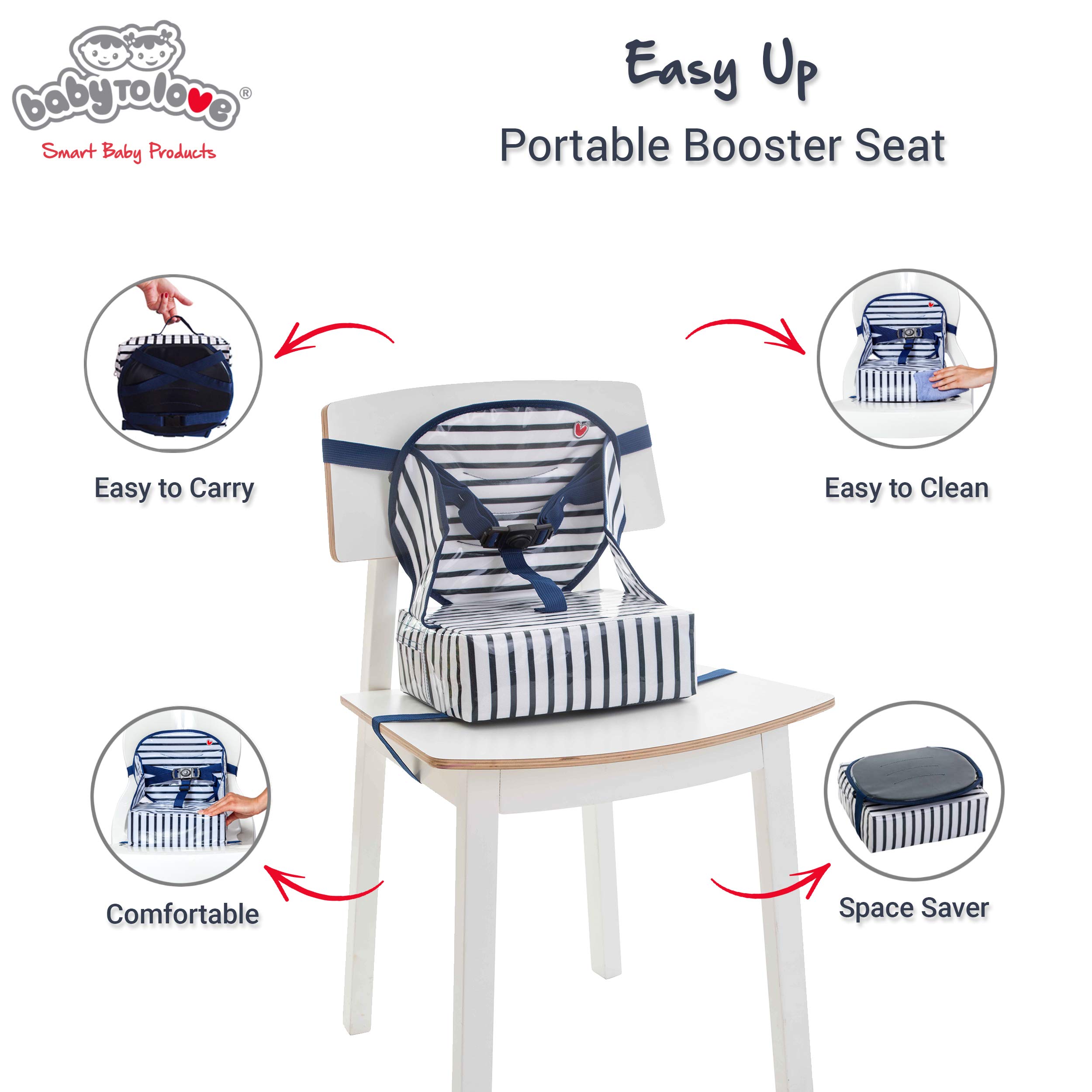 Baby-To-Love Easy Up, Portable Travel Booster Seat Dining Toddler, Boy & Girl (Blue Stripes)
