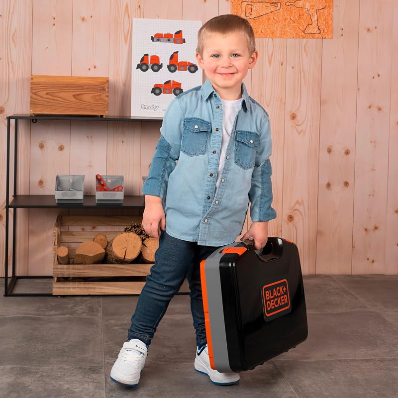 Smoby bancada de trabalho smoby black & decker em maleta, 33 acessórios para martelar, furar e aparafusar (7600360734)