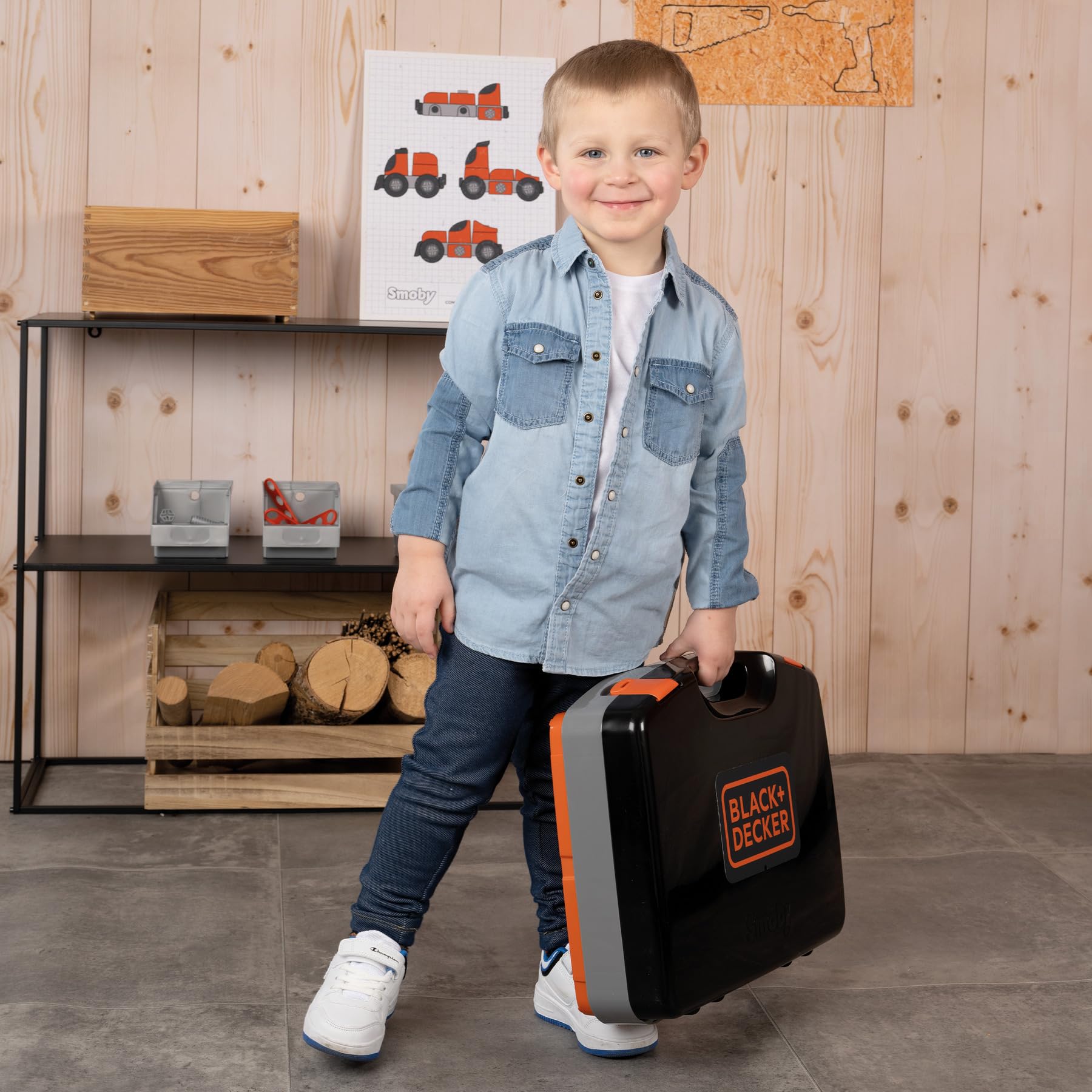 Smoby - Black+Decker Werkzeugkoffer Bricolo Smart (43x35x76 cm) - Werkbank-Koffer für Kinder ab 3 Jahre, Spielzeug mit umfangreichem Werkzeug-Zubehör und Tischbeinen zum Aufstellen 6