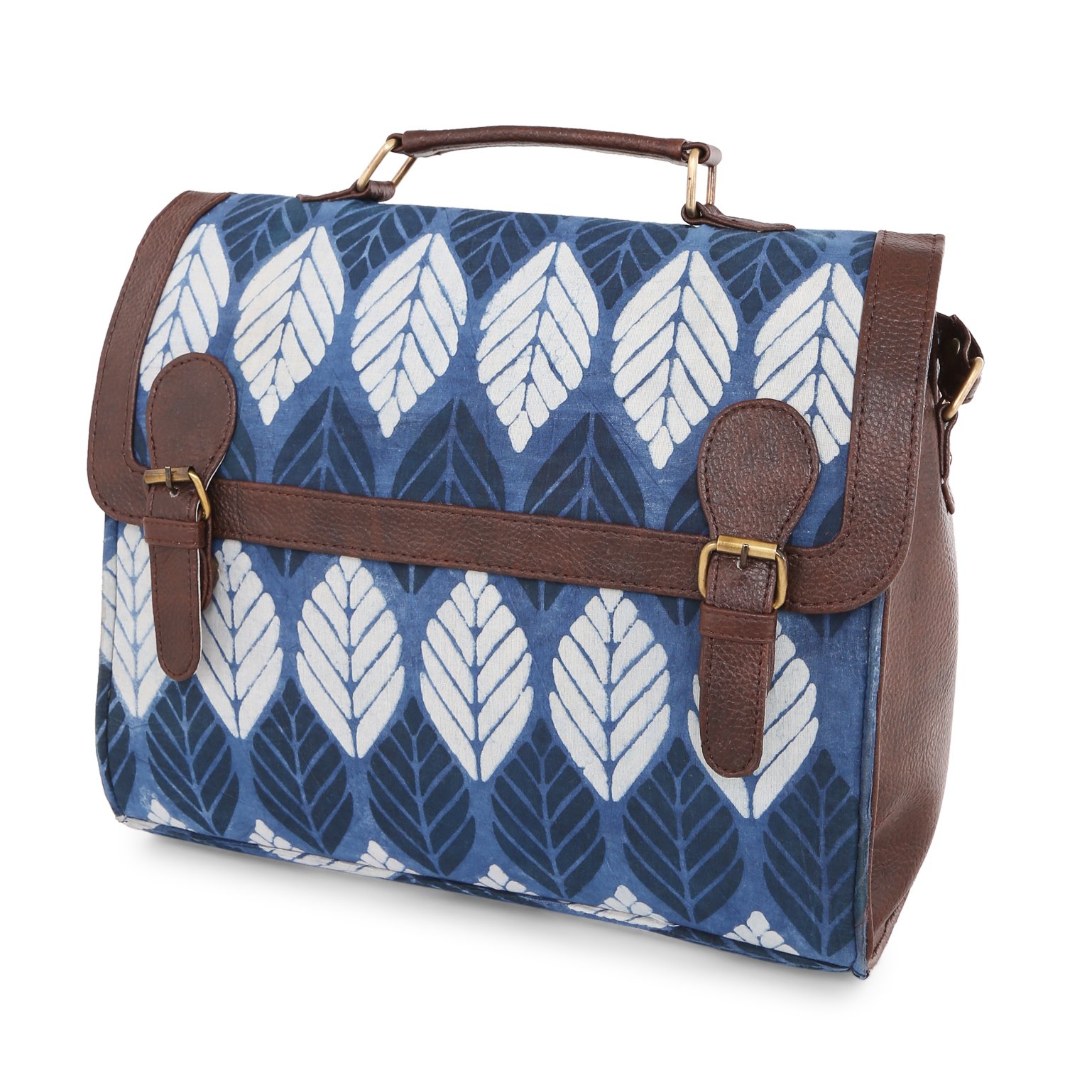 vivinkaa ethnic printed blue leaf print satchel