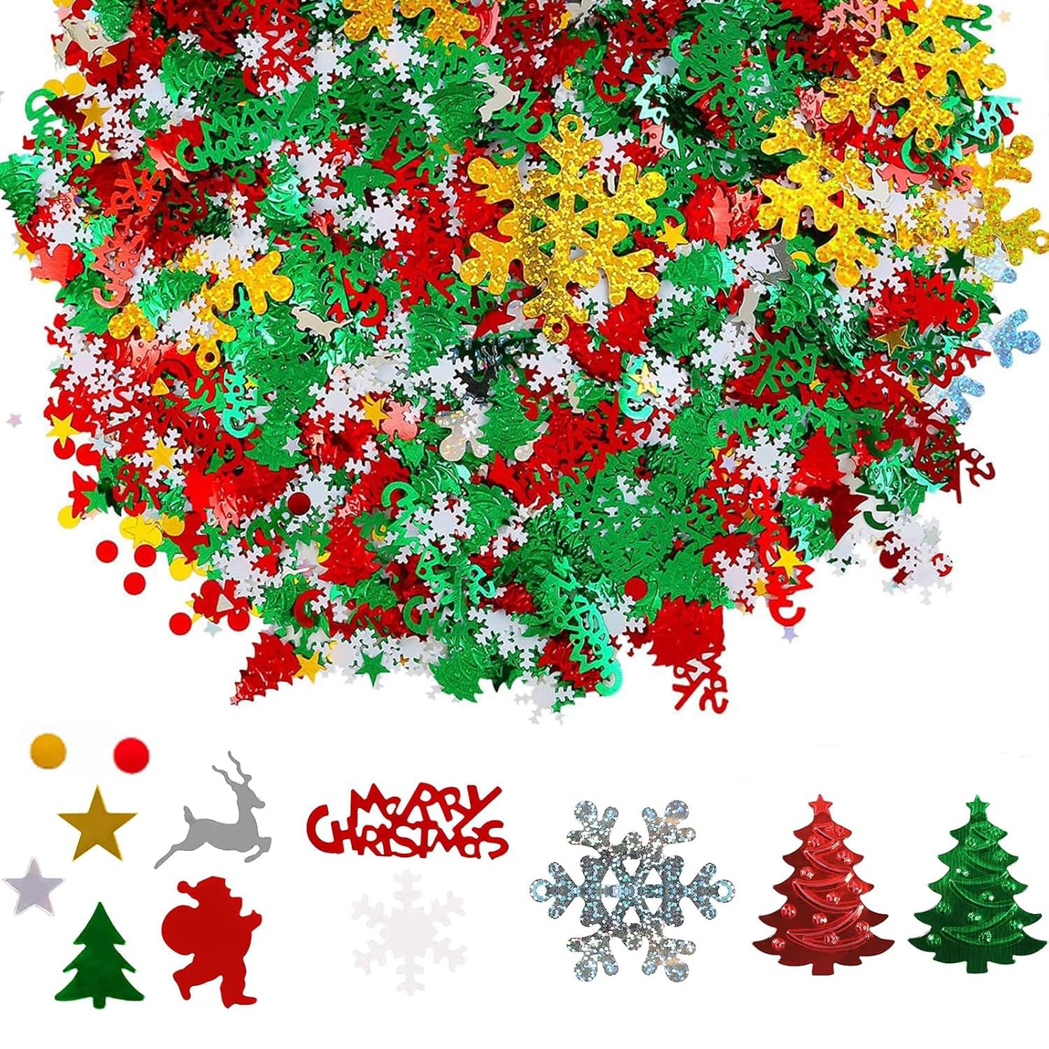UCLEVER 4000pcs Christmas Table Glitter Confetti 100g, Mix Foil Snowflake, Pentagram,Santa Claus,Pine, Merry Christmas Tree Confetti Party Decoration