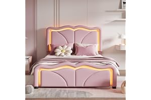 MERITLINE Twin Size Bed with Height-Adjustbale Headboard & LED Light Strips, Upholstered Twin Platform Bed Frame for Bedroom, Pink