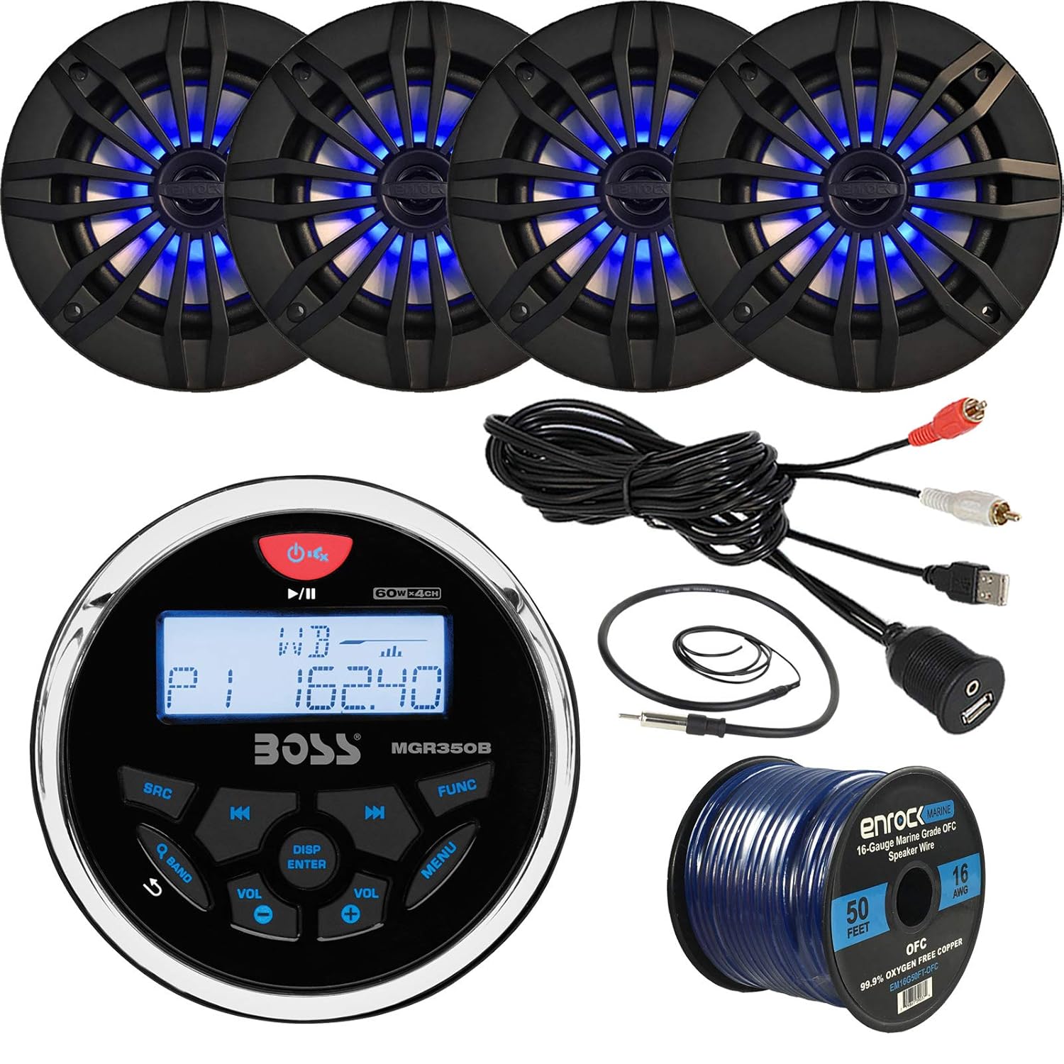 Boss Bluetooth in Dash Marine Gauge Digital Media AM/FM Receiver, 4X Enrock 6.5" 200 Watt Speakers w/Remote Control, Enrock Antenna, Enrock USB/AUX Interface Mount, 50 Foot 16-Gauge Wire