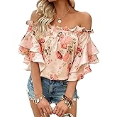 SOLY HUX Women's Floral Print Blouse Off Shoulder Ruffle Trim Half Sleeve Summer Tops