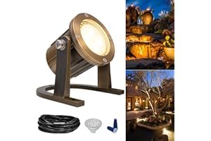 GKOLED Solid Brass Underwater Light, Low Voltage LED Pond Lights, Submersible Fountain Lighting with 5W 2700K 410LM MR16 Bulb, 9-15V AC/DC Outdoor Landscape Waterfall Light, IP68 Rated Pool Spotlights