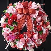 TEMPUS 18 Inch Pink Red Mesh Wreath with 3D Heart Valentine's Day Bow for Front Door Decorations
