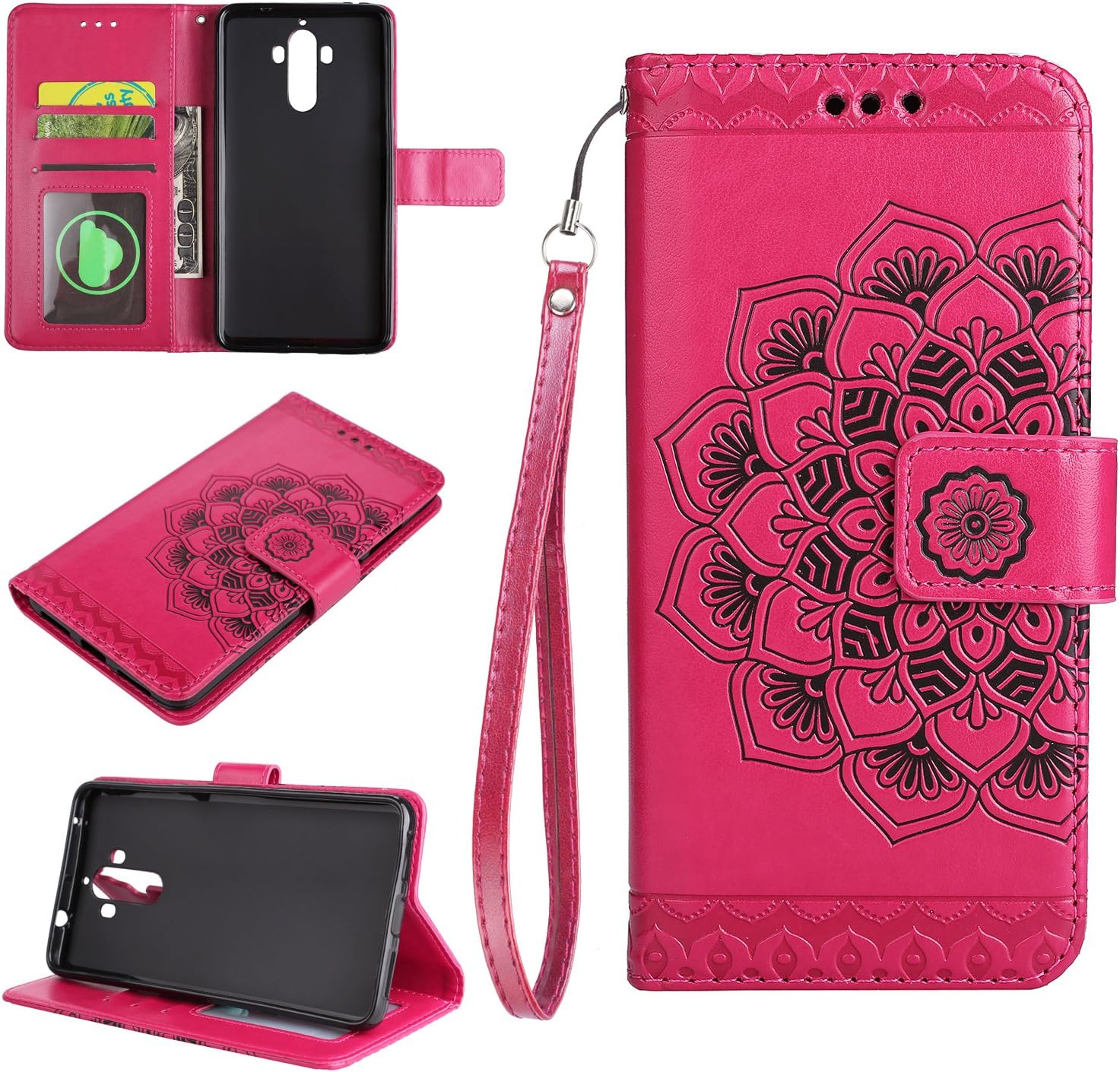 NEXCURIO [Embossed Flower] Huawei Mate 9 Wallet Case with Card Holder Folding Kickstand Leather Case Flip Cover for Huawei Mate 9 (Hot Pink)
