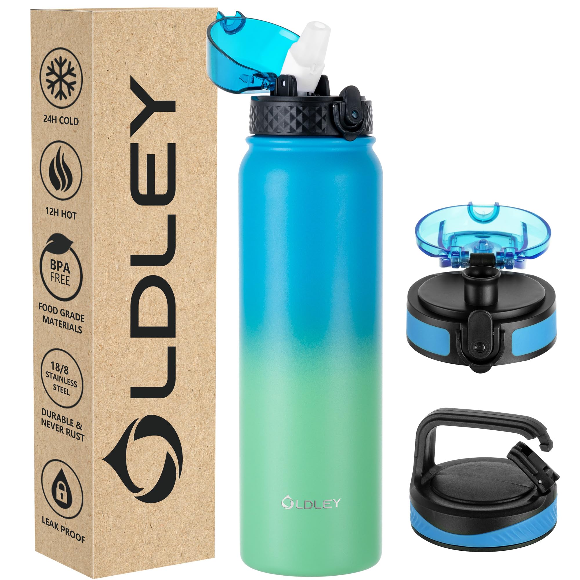 OLDLEY Stainless Steel Water Bottle with Straw 1L Vaccum Insulated Large Drink Flask Metal Water Bottles 1 Litre Leakproof Keep Drinks Hot Cold for Sports Gym with Different Lids(Blue Green, 3 Lids)