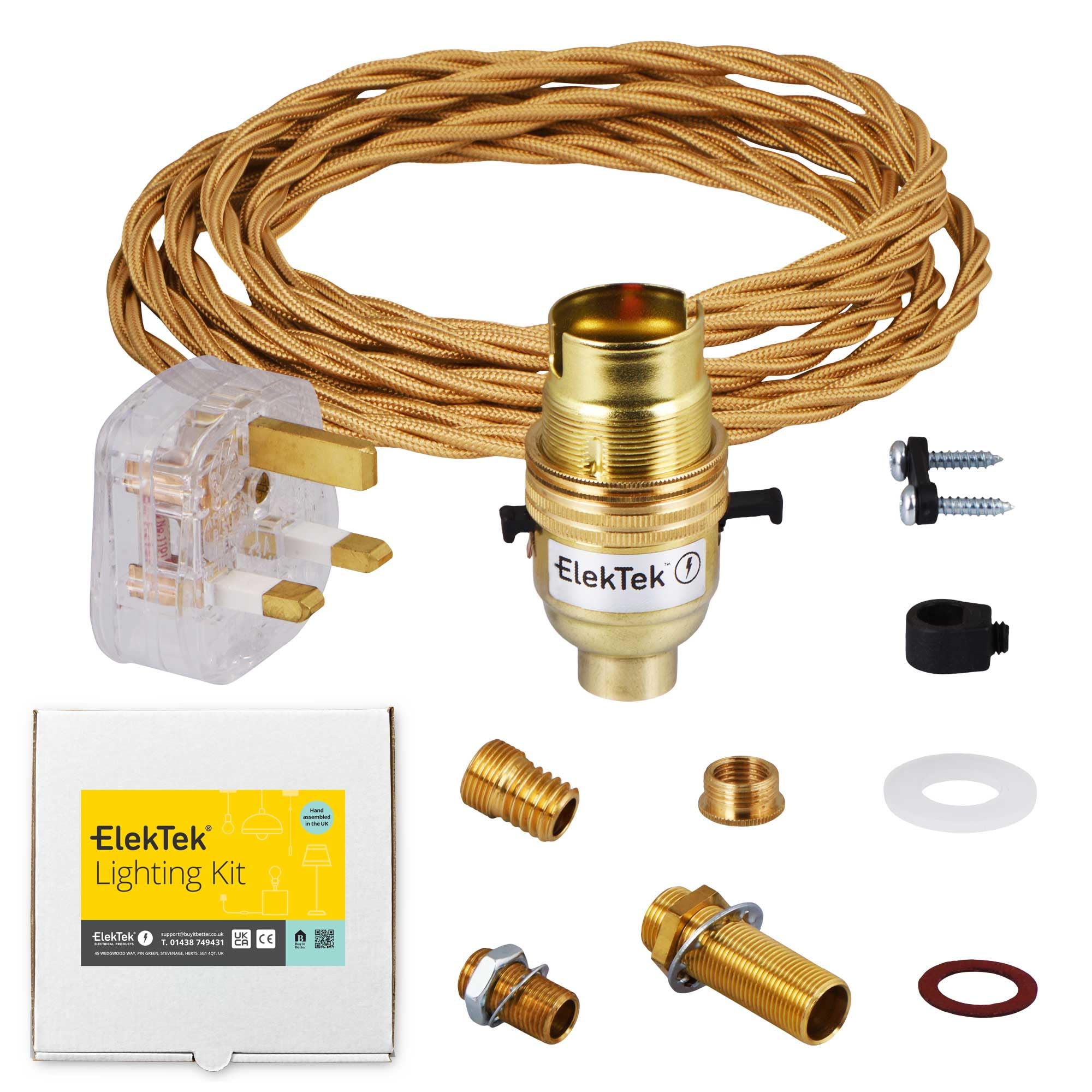 ElekTek Premium UK B22 Lamp Refurbishment Fixing Kit, Solid Brass Safety Switch Bayonet Lamp Holder, Comprehensive Fittings Pack, 13A Plug (3A Fuse), Gold Twisted Braided Fabric 3-Core Lighting Flex