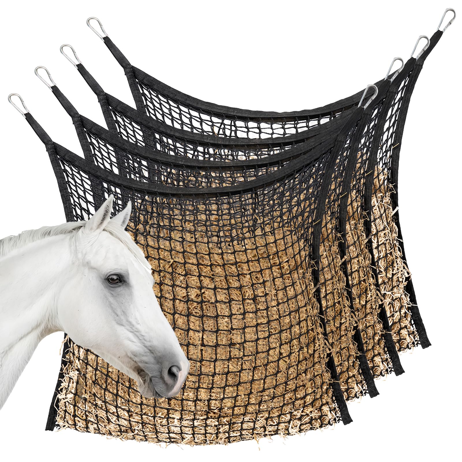 Photo 1 of MKO SHUN 4 PCS Slow Feed Hay Net for Horses, Large Capacity Hay Bags for Horses Goats Sheep Donkey Trailer Full Day Feeding, Easy to Fill and Hang, Black, 35 x 31 Inch