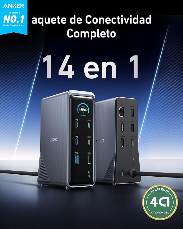 Anker prime port replicator 160w, 14 portas com saída máxima. 160 w, transferência de dados de 10 gbps, interface inteligente em tempo real, áudio e ethernet, tela dupla 4k para macbook dell mobile