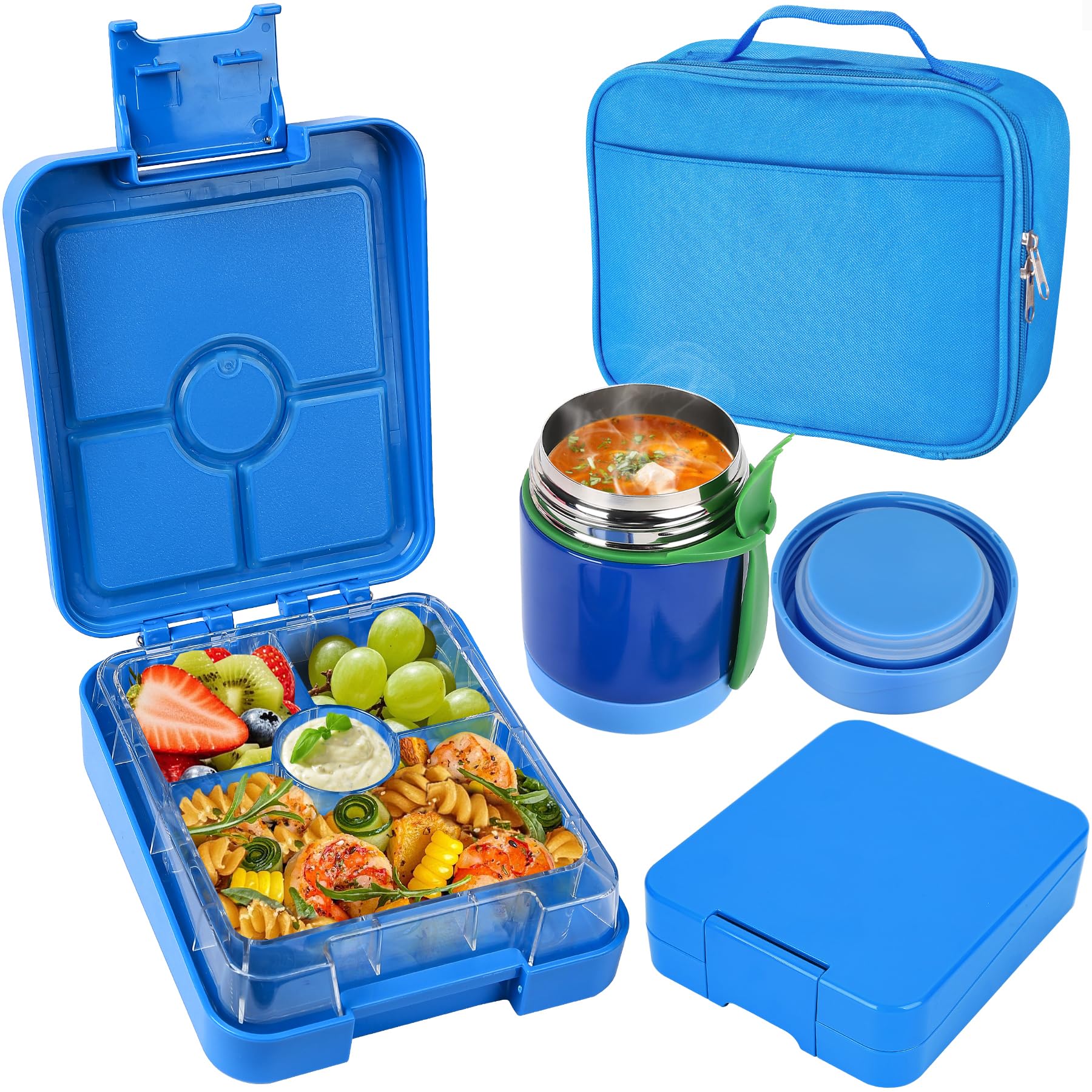 Photo 1 of Pawtong Bento Lunch Box Set With 10oz Soup Thermo, Leak-proof Lunch Containers with 4 Compartment, Kids Hot Thermo Food Jar/Insulation Lunch Bag, Food Containers for School ?Blue?