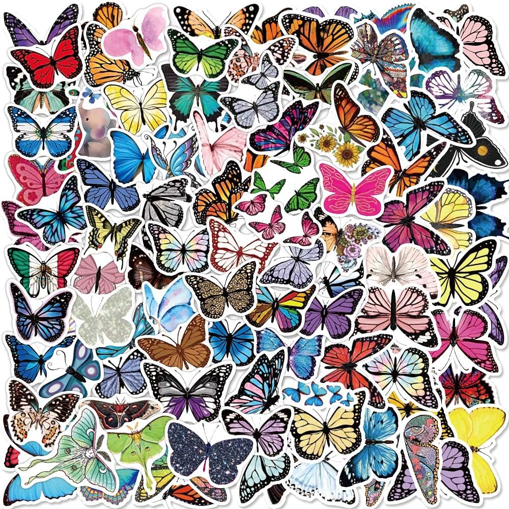 100pcs Colorful Vivid Butterfly Stickers for Water Bottle Cup Laptop Luggage ,Sweet Lovely Butterfly Wall Decor Set Murals Decals for Kids' Room Wedding Birthday Party
