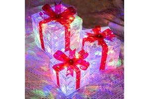 Hourleey Set of 3 Christmas Lighted Gift Boxes, Pre-lit 60 LED Light Up Present Boxes Ornament Decorations for Indoor Outdoor Xmas Tree Home Yard Lawn Decor (Multicolor)