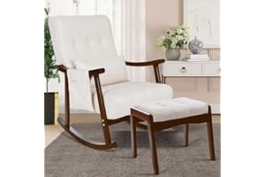 NOBLEMOOD Upholstered Rocking Chair with Ottoman, Modern Indoor Nursery Glider Rocker Chair, Solid Wood High Back Armchair with Fabric Padded Seat for Living Room Bedroom