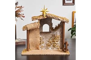 TOETOL Manger for Nativity Scene for Inside 7&8 inch Scale Holy Family Nativity Stable Creche Realistic Moss Hay Wooden Fabric Desk Collectable Decor Home Christmas Decorations(13.8" x 5.9" x 12")