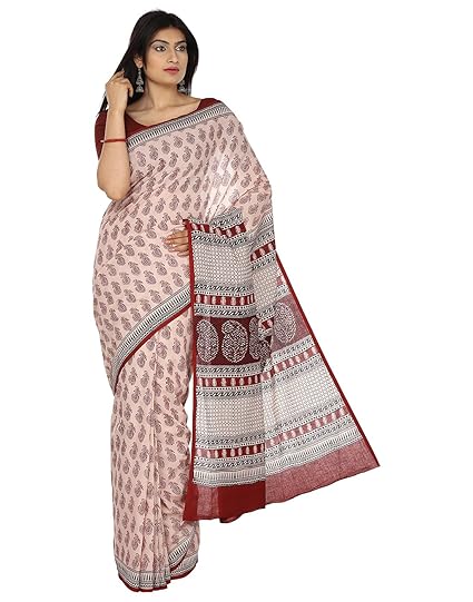 Finest Quality Cotton - Handmade White base Saree with Red and Black Booti - Bagh Block Print Saree with Blouse Piece