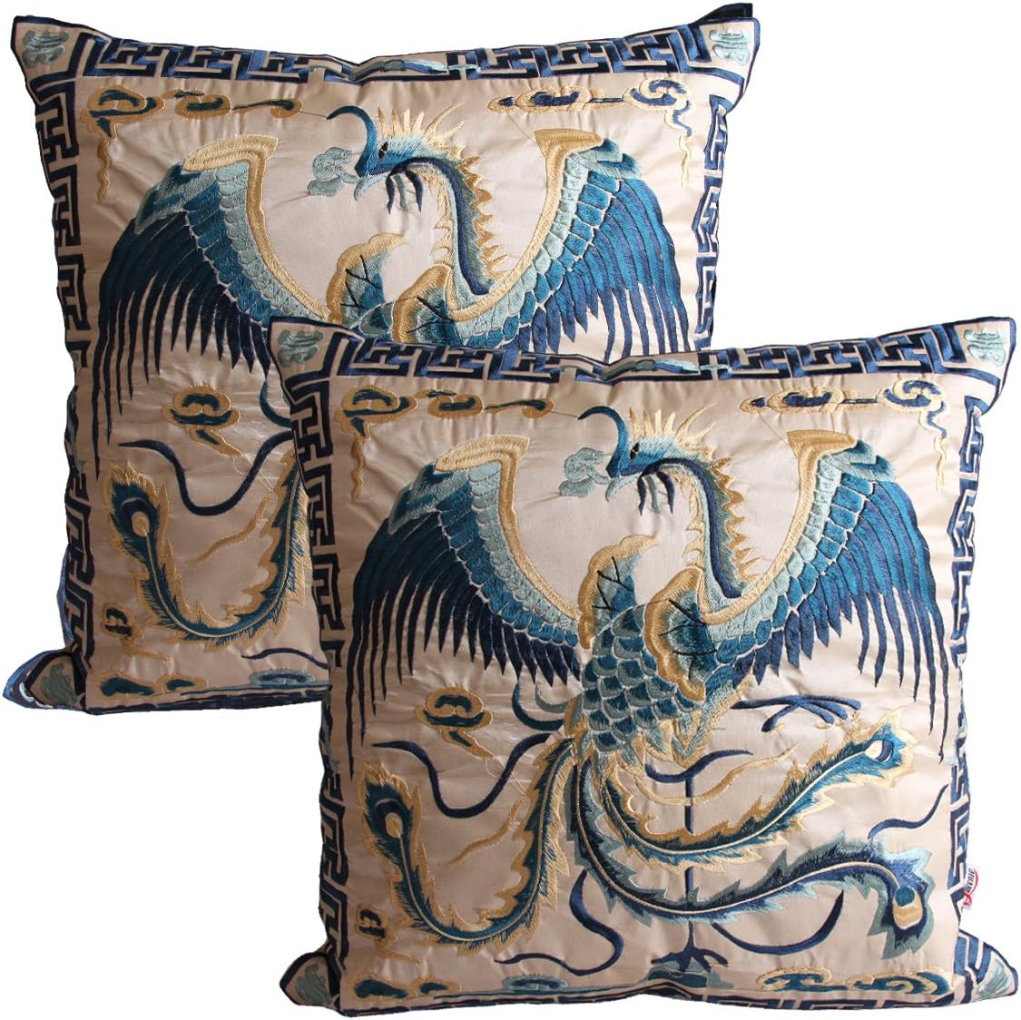 Queenie - 2 Pcs Silky Oriental Chinese Phoenix Embroidered Decorative Throw Pillow Case Cushion Cover 17.25 x 17.25 Inch 44 x 44 cm (SC28-44 Ivory & Blue)