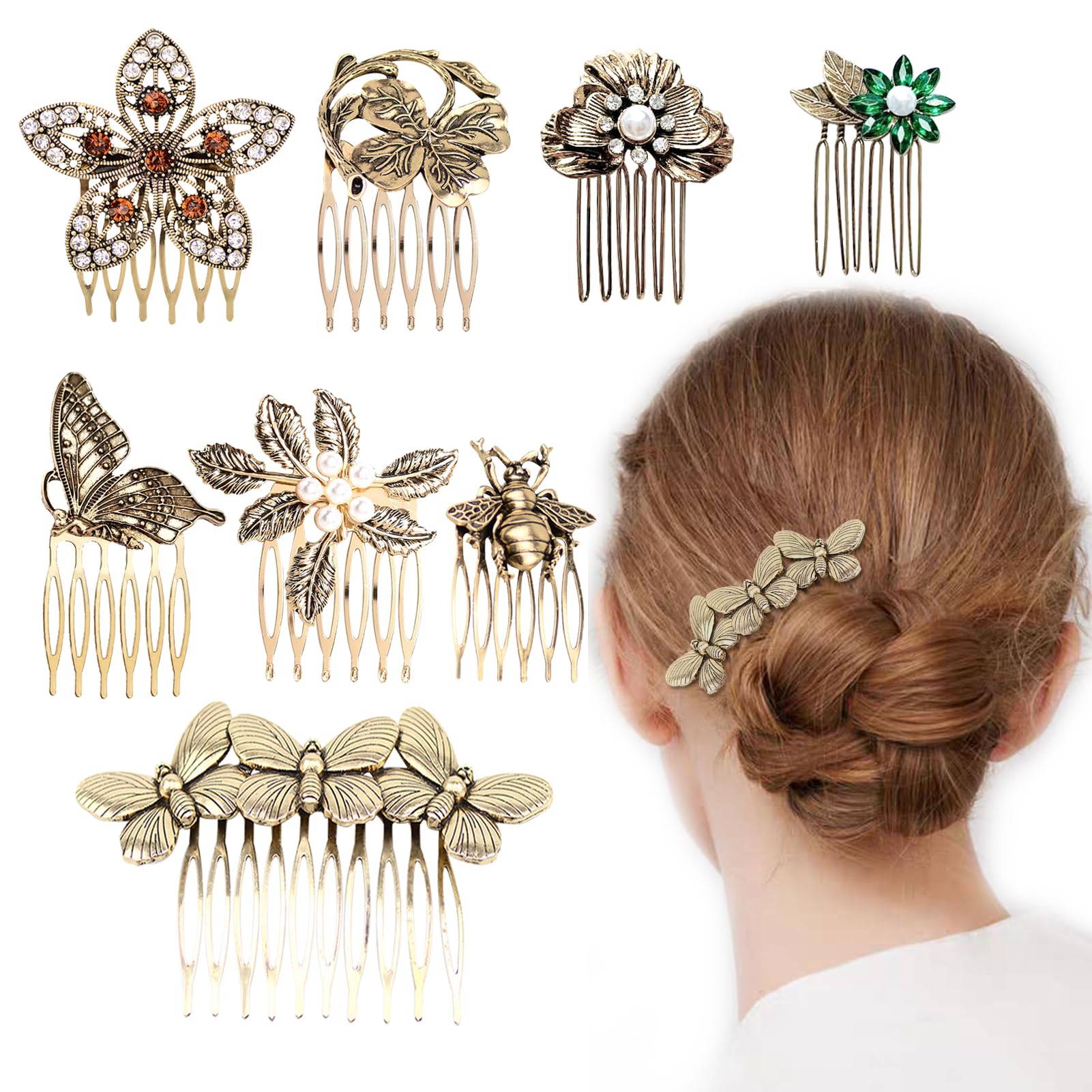 8 Pack Vintage Hair Side Combs for Women Decorative, INLAZYTIM Retro Gold Pearl Rhinestone Metal Hair Comb Clips with Teeth Grip Crystal Bridal Hair Piece Pins for Wedding Accessories