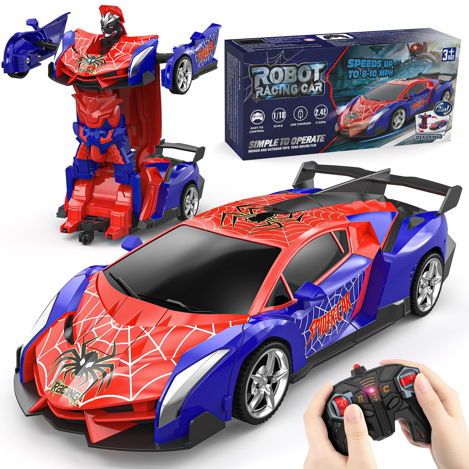 Spider Ferngesteuertes Auto Roboter, Transformation RC Remote Car mit Fernbedienung Kinder Spielzeug Jungen Mädchen 3 4 5 6 7 8 9 10 Jahre Spiele Ostern Geburtstag Geschenk Rennauto 2.4GHz 1:18