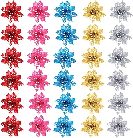 Albero Stella Di Natale.Willbond 30 Pezzi Stella Di Natale Artificiale Ornamenti Per Alberi Di Natale Fiori Finti Con Glitter Vuoti Per L Albero Di Natale Festa Di Nozze Decorazioni Per Ufficio A Casa Amazon It Casa E