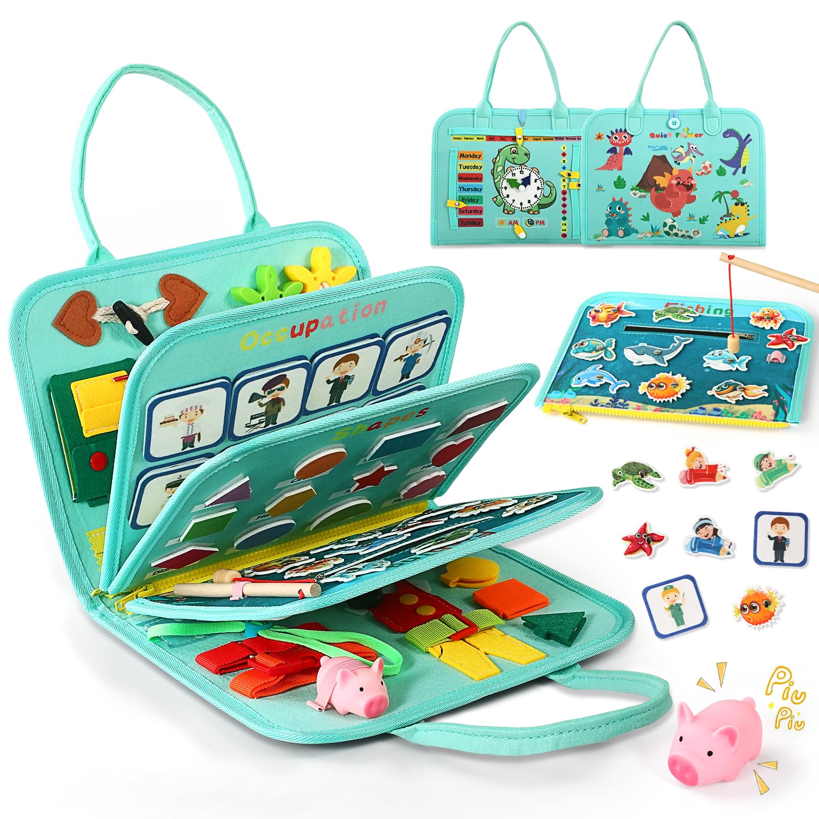 Toddler Busy Board for 1 Year Old, Montessori Toy Sensory Busy Book for Toddler 1-3 Fishing Game Life Skill, Learning Toy Car plane Activities Travel Essential 2-4 Birthday Easter Basket Stuffers Gift