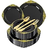 Joyido 125PCS Black and Gold Plastic Plates - Black Disposable Dinnerware Set - Vintage Plastic Plates with Gold Silverware for 25 Guests for Wedding Party