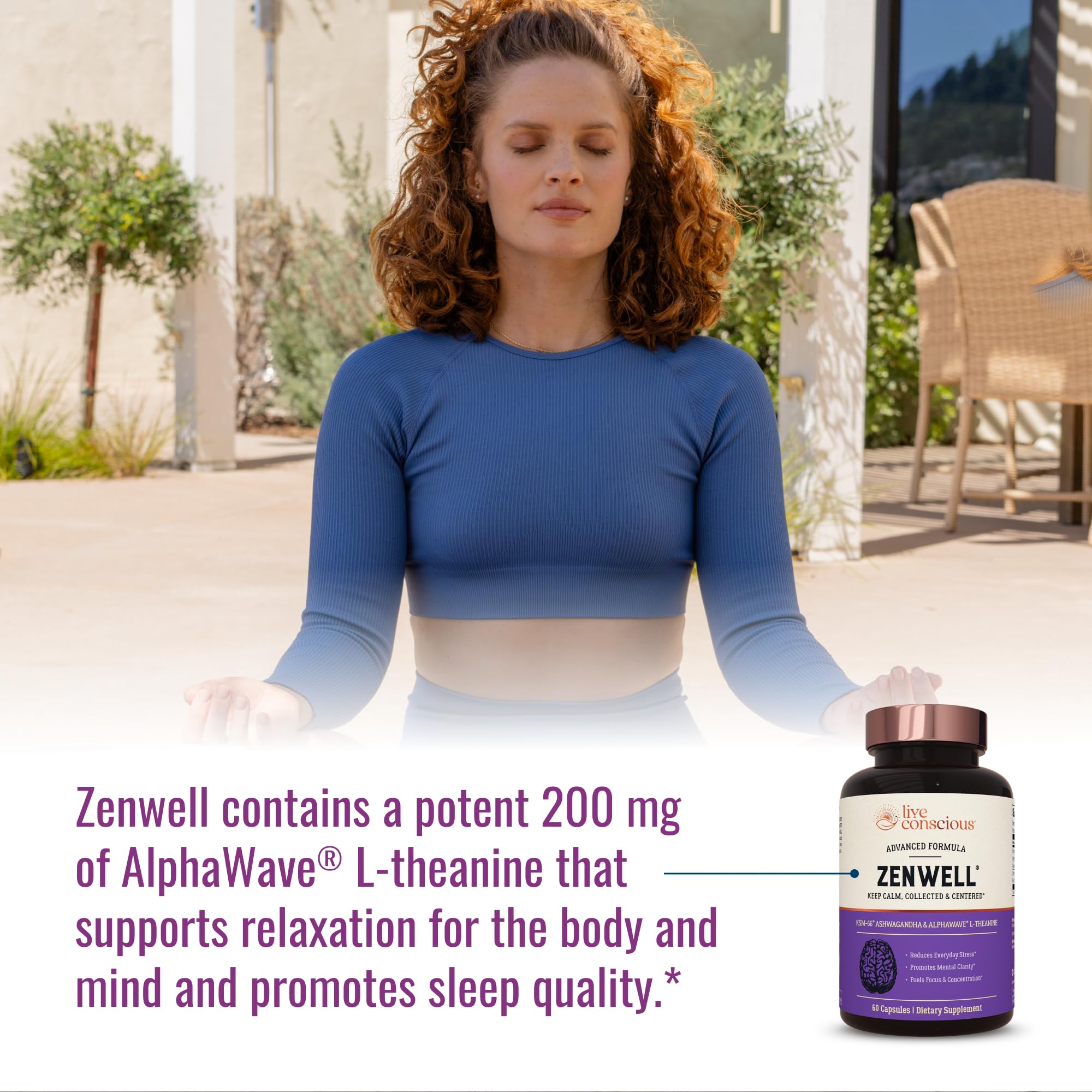 Live Conscious KSM-66 Ashwagandha Supplement w/L Theanine & AlphaWave - ZenWell Everyday Stress Relief, Cognitive, Brain Health - Ashwagandha for Men & Women - 60 Capsules