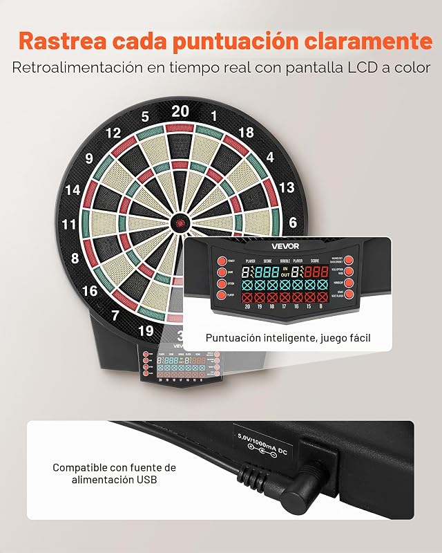 Tabuleiro de Dardos Eletrónico 393 mm, com 43 Jogos e mais de 320 Variações para até 8 Jogadores, 6 Dardos com Penas e 50 Ponteiras de Substituição, Marcador LCD a Cores, para Diversão em Casa e Festas