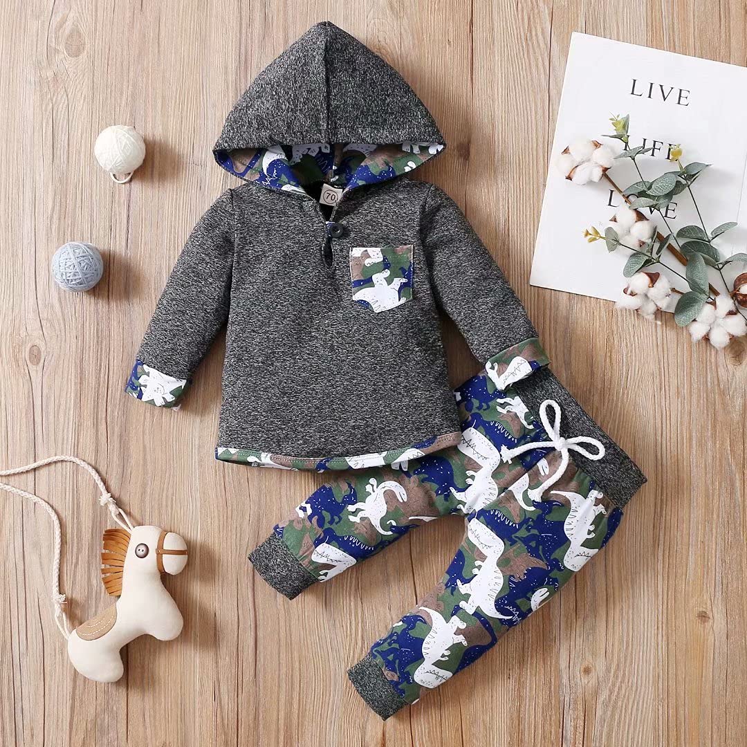 Tepuce Baby Boy Clothes Toddler Infant Boys Fall Winter Outfit Long Sleeve Plaid Pocket Hoodie Tops + Pants 2Pcs