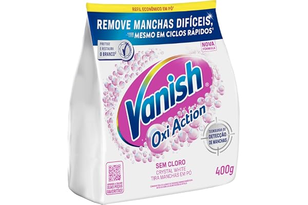 Tira Manchas em Pó Vanish Oxi Action Crystal White Refil 400g para Roupas Brancas, Sem Cloro, com Percarbonato, Remove Mancha