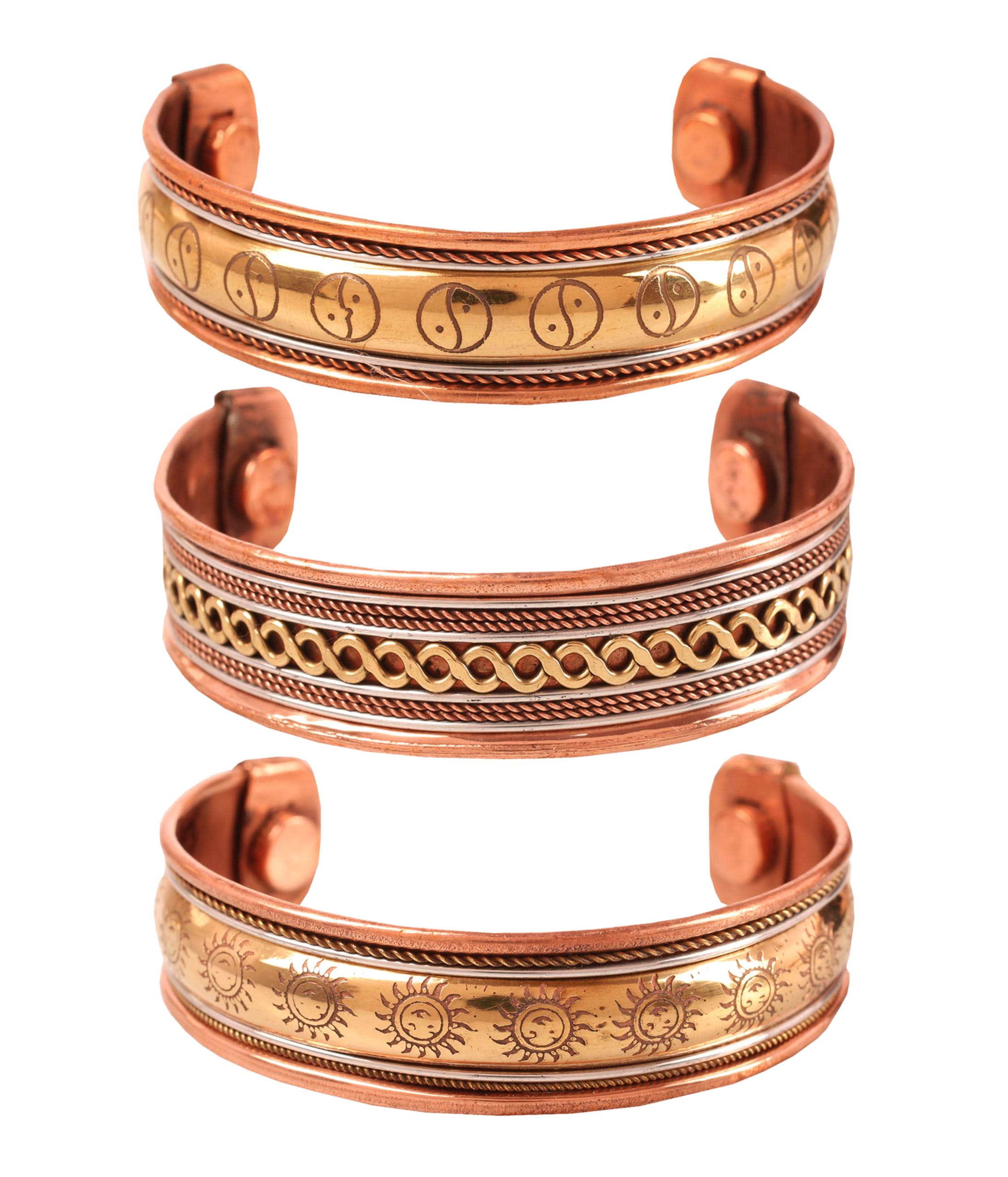 Touchstone Copper magnetic bracelet Tibetan style. Hand forged with solid and high gauge pure copper Sun Yin Yang Braided Motifs. Set of 3 different designs in 3 metals.