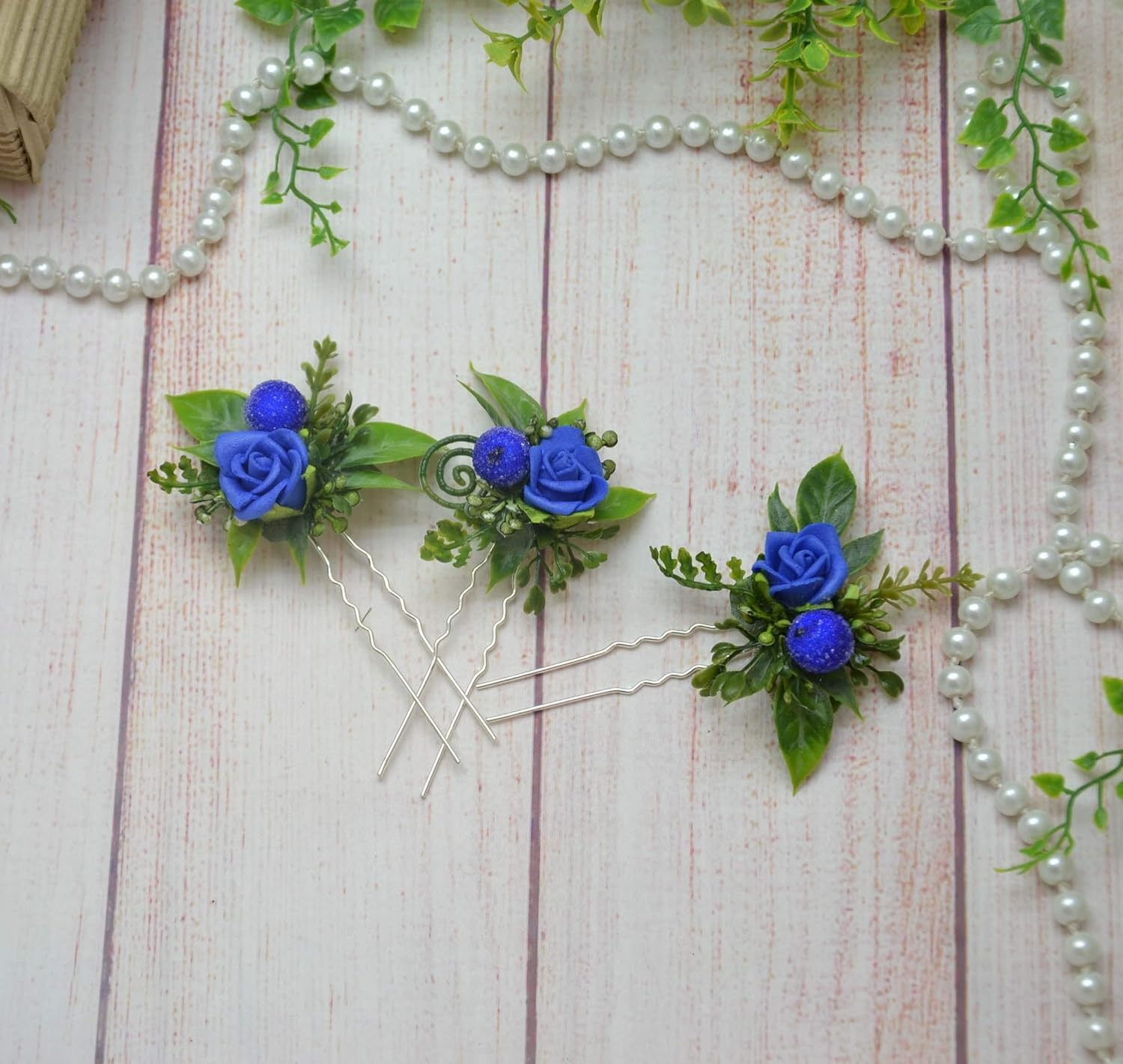 Amazon Com Blue Flower Hair Pins Set Of 3 Bridal Hair Pins Blue