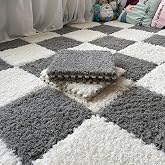 Thickened Plush Foam Interlocking Floor Carpet Mat,24 Piece 12x12in Fluffy Square Puzzle Foam Carpet Tiles with Edgings,Soft Anti-Slip Shaggy Area Rug Playmat(Color:Grey+White)