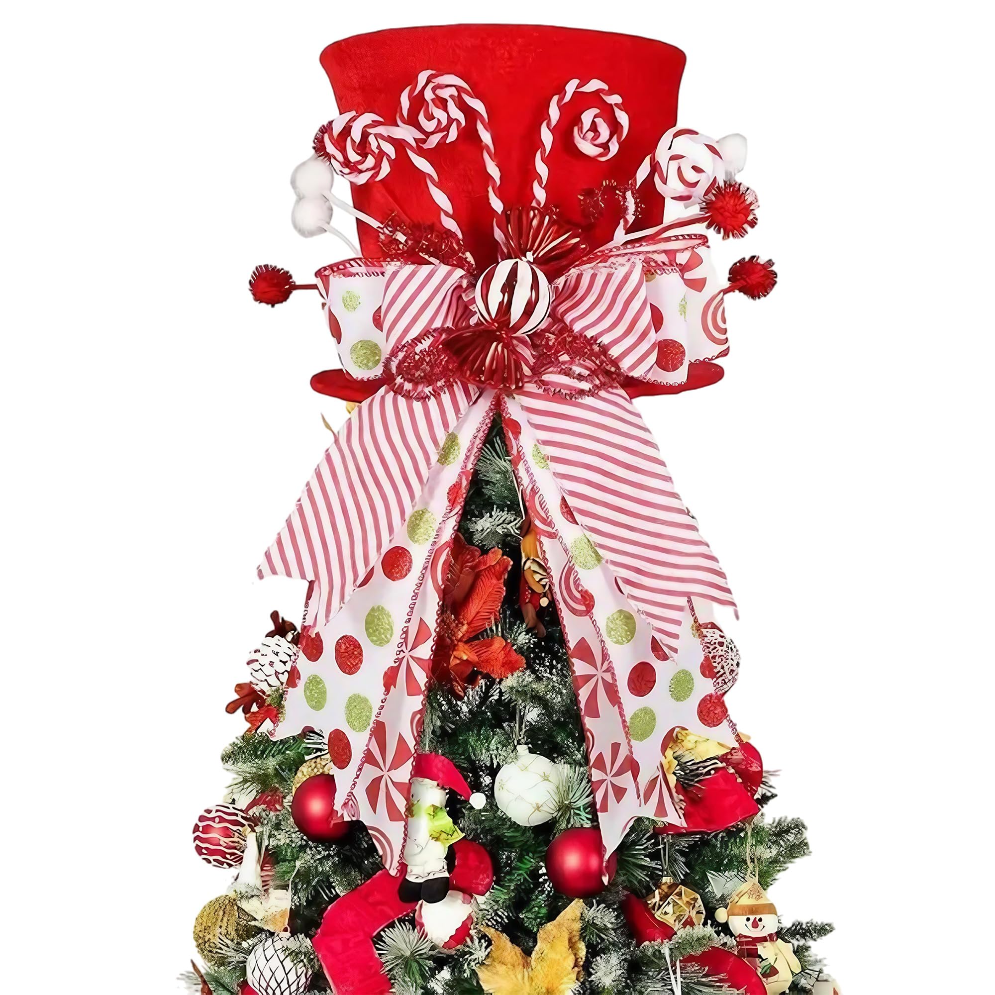 Photo 1 of Candy Cane Christmas Tree Topper Hat, Red Tree Topper Hat with Candy Peppermint Bows Ribbon Ornament, Top Hat Christmas Tree Topper for Home Office Holiday Xmas Gift Tree Decoration(Velvet Material
