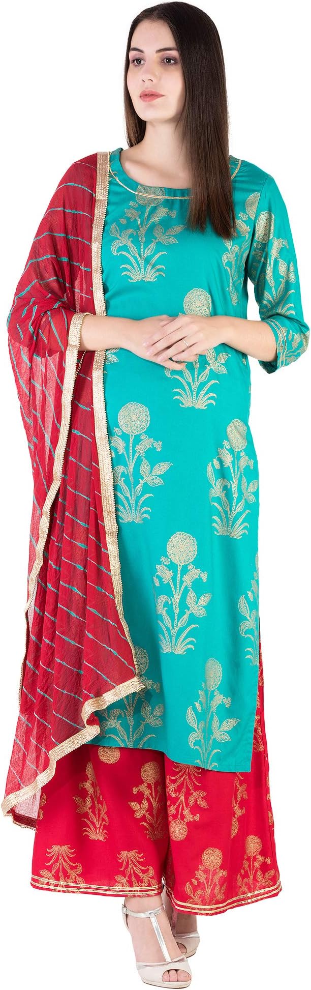 Women Rayon Kurta With Palazzo & Dupatta