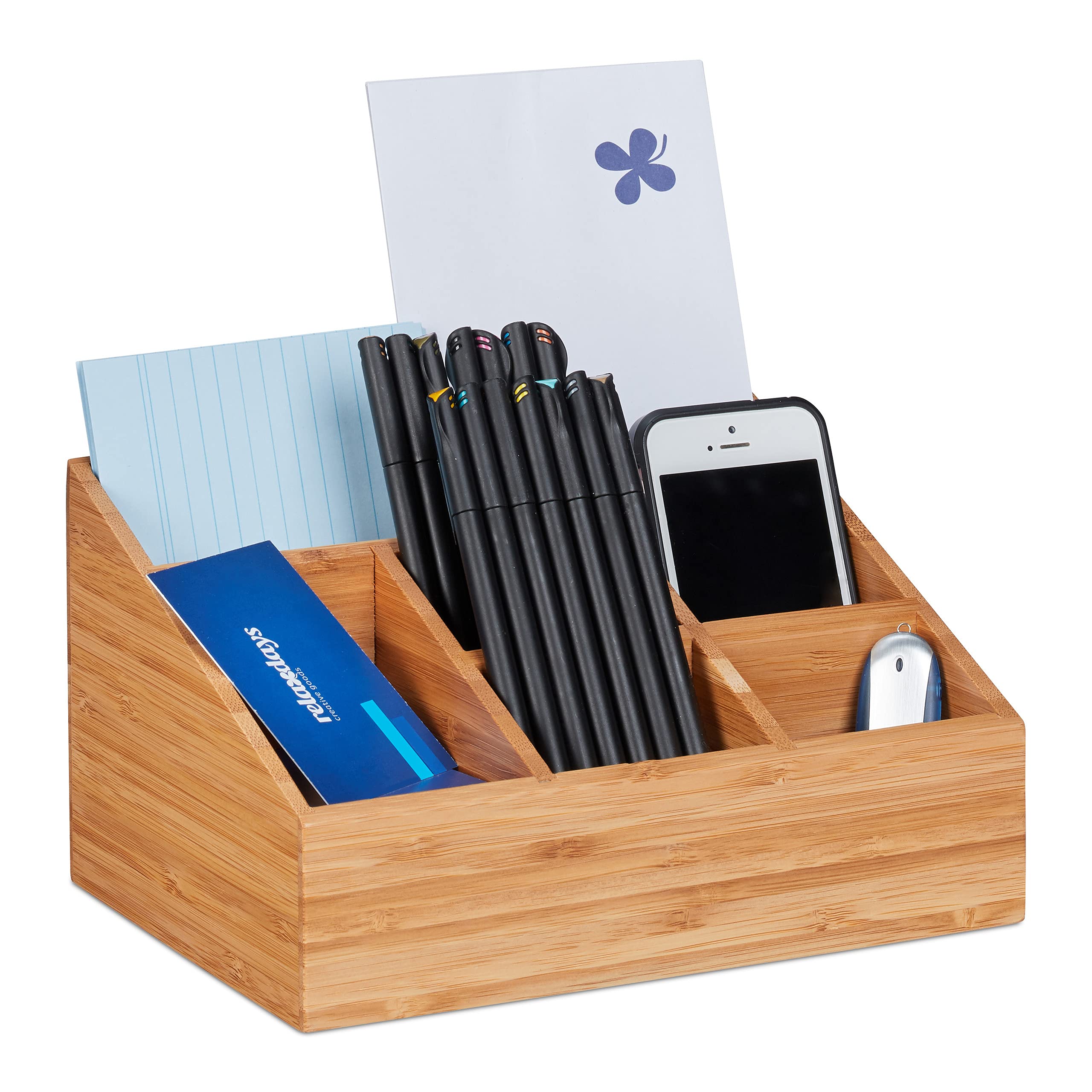 Relaxdays Desk Organiser, 6 Compartments for Pens, Notes, Letters, Paperclips and More, Bamboo Stand, Natural
