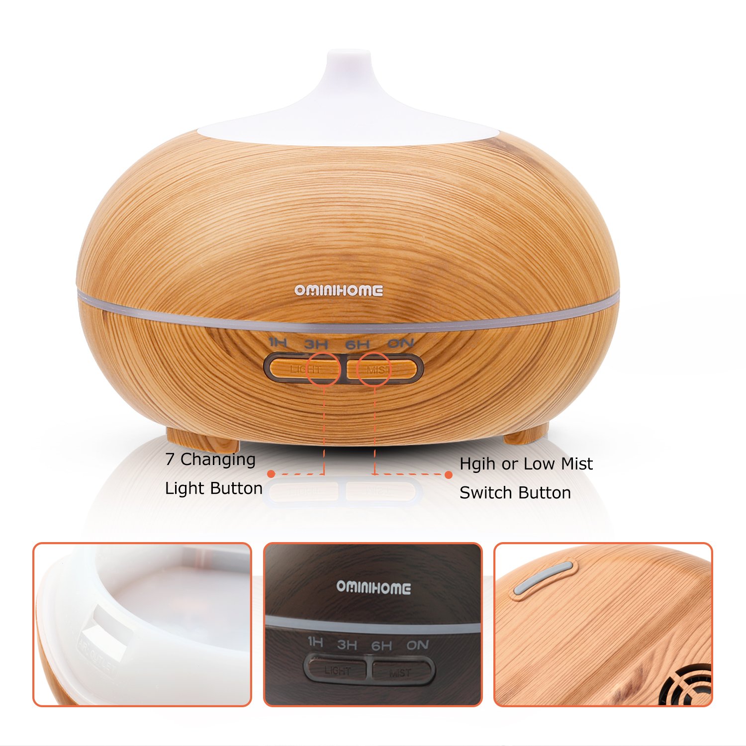 Ominihome Aromatherapy Essential Oil Diffuser, Wood Grain 300ml, 4 Time Setting, Ultrasonic Cool Mist Humidifier for Home, Office, Spa Baby, Yoga (shallow wood grain)