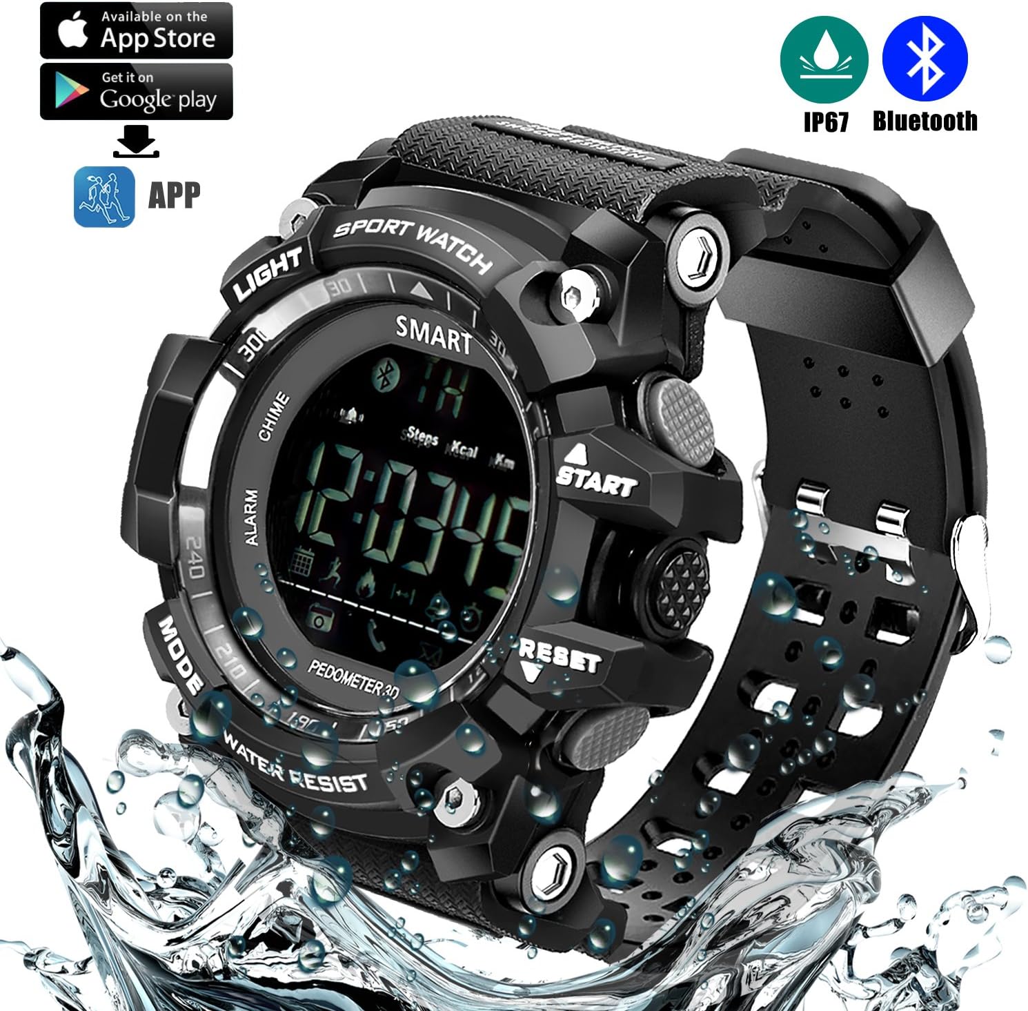 Sports Watch Bluetooth Smart Waterproof Watch without Charging Outdoor Digital Watch with APP Platform, Camera Remote Control, Fitness Tracker, Pedometer, Call Message Reminder, Alarm, Calendar, Etc.