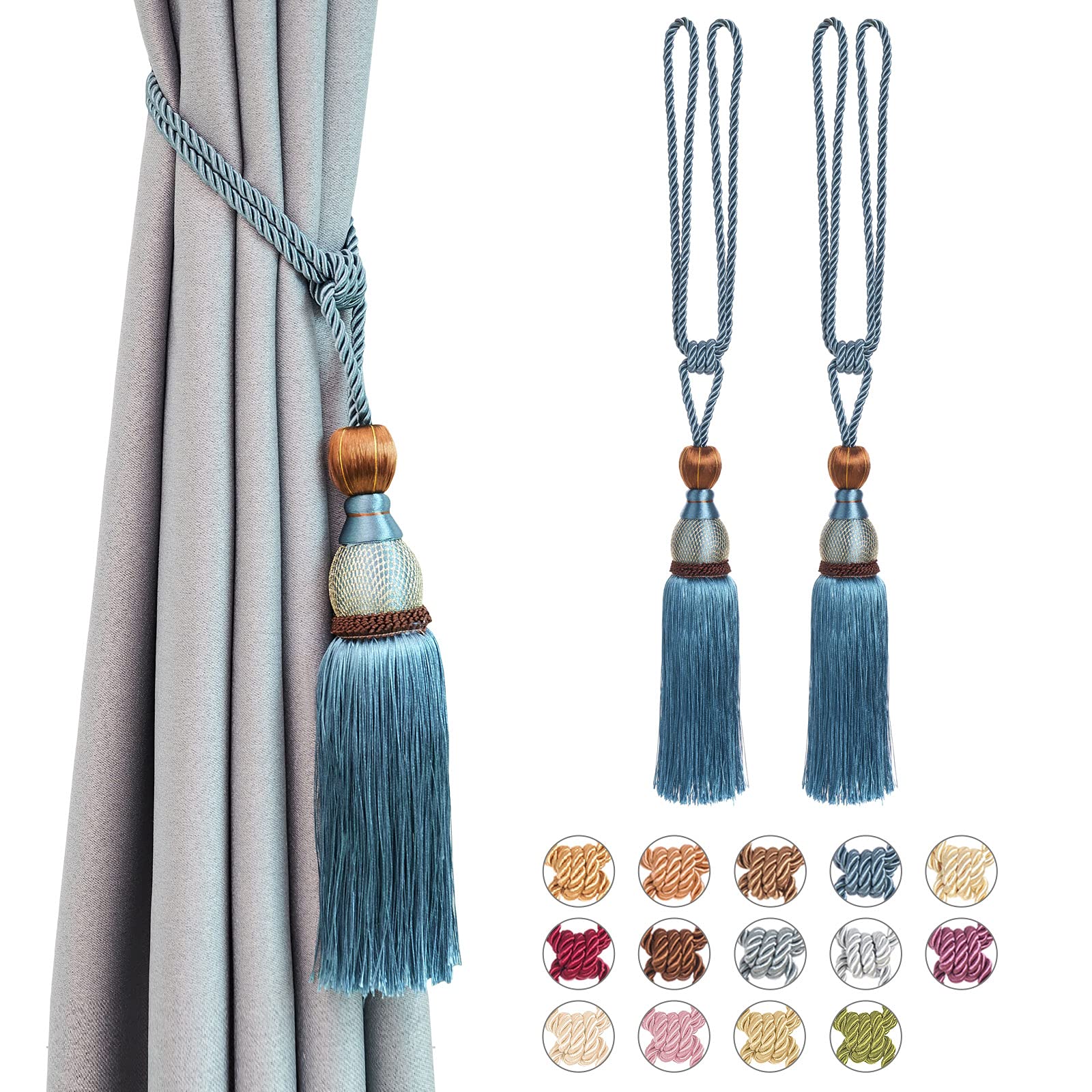 Pretty Jolly 2 Pack Mesh Ball Tassel Curtain Tiebacks European Vintage Style Curtain Holdbacks Handmade Braided Rope Decorative Drape Tie Backs for Home and Office Window Drapery (Teal)