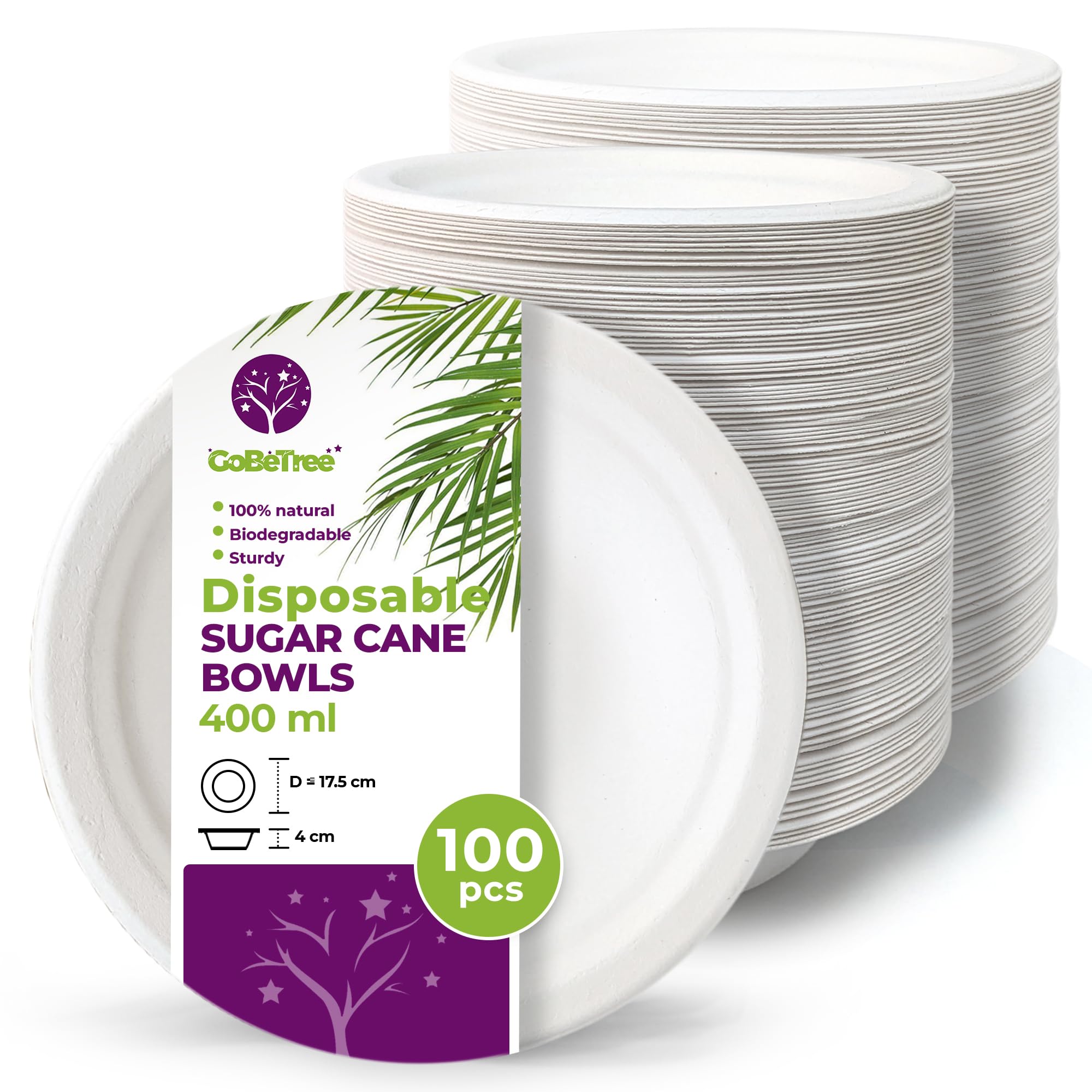 GoBeTree 100 Sugar Cane Paper Bowls, 400 ml, Disposable, Biodegradable, Microwave Safe, White, Round, Solid, Perfect for Picnic, Wedding