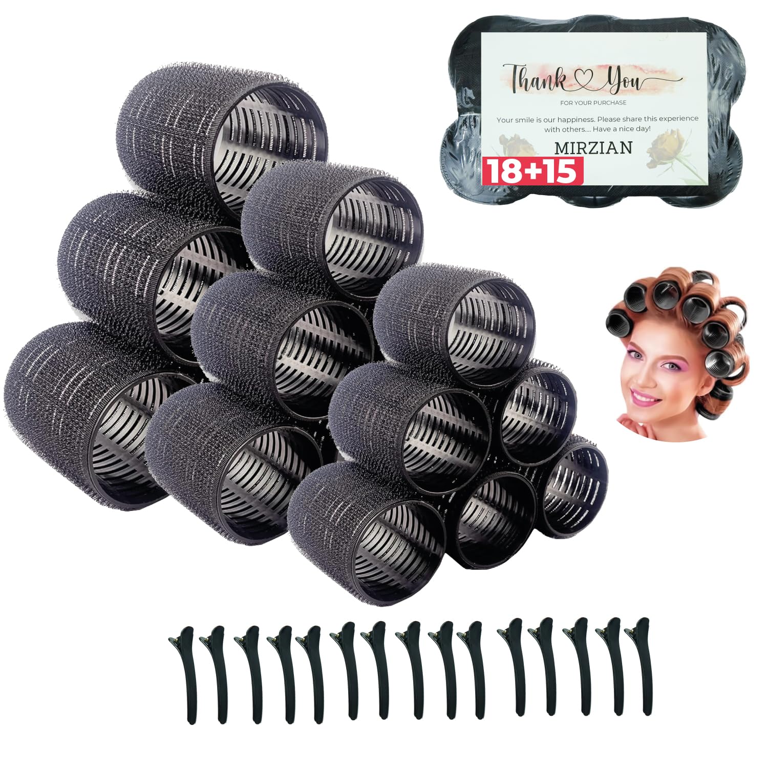 33 Pcs Self Grip Hair Rollers Set – 6 Rollers Each 44mm, 50mm & 66mm with 15 Clips – Big Hair Rollers for Volume & Bounce – Fringe Roller for Bangs, Soft Curls & Heatless Styling