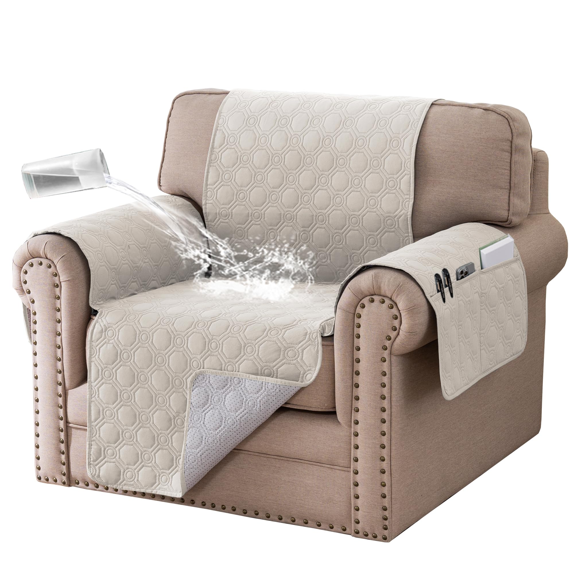 BellaHills Armchair Covers 100% Waterproof Sofa Cover Non-Slip Sofa Slipcovers Couch Covers Washable with Elastic Strap Sofa Protectors from Pets Seat Width 22"(1 Seater, French Oak)