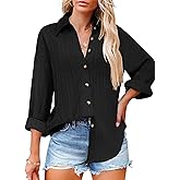 HOTOUCH Womens Button Down Shirts Long Sleeve Dress Shirt Textured Collared Work Blouse Dressy Casual Tops with Pocket