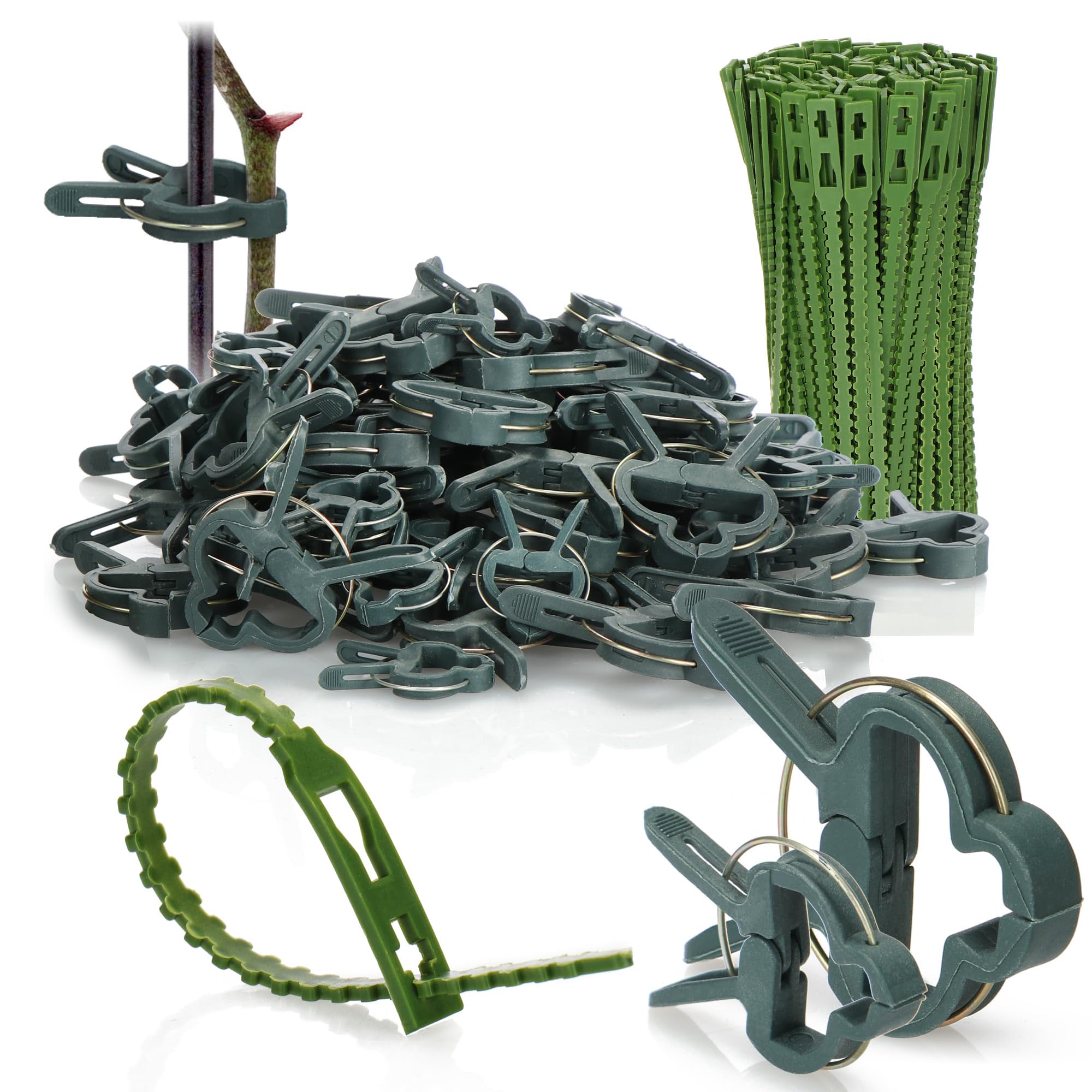 COM-FOUR® 150-piece Plant clamp Set - Plant Ties - Rose Clamps - Trellis Cages for Tomatoes - Green Tarpaulin Clamps - Clip for tarpaulins - Climbing aids (150 Pieces - Mix)