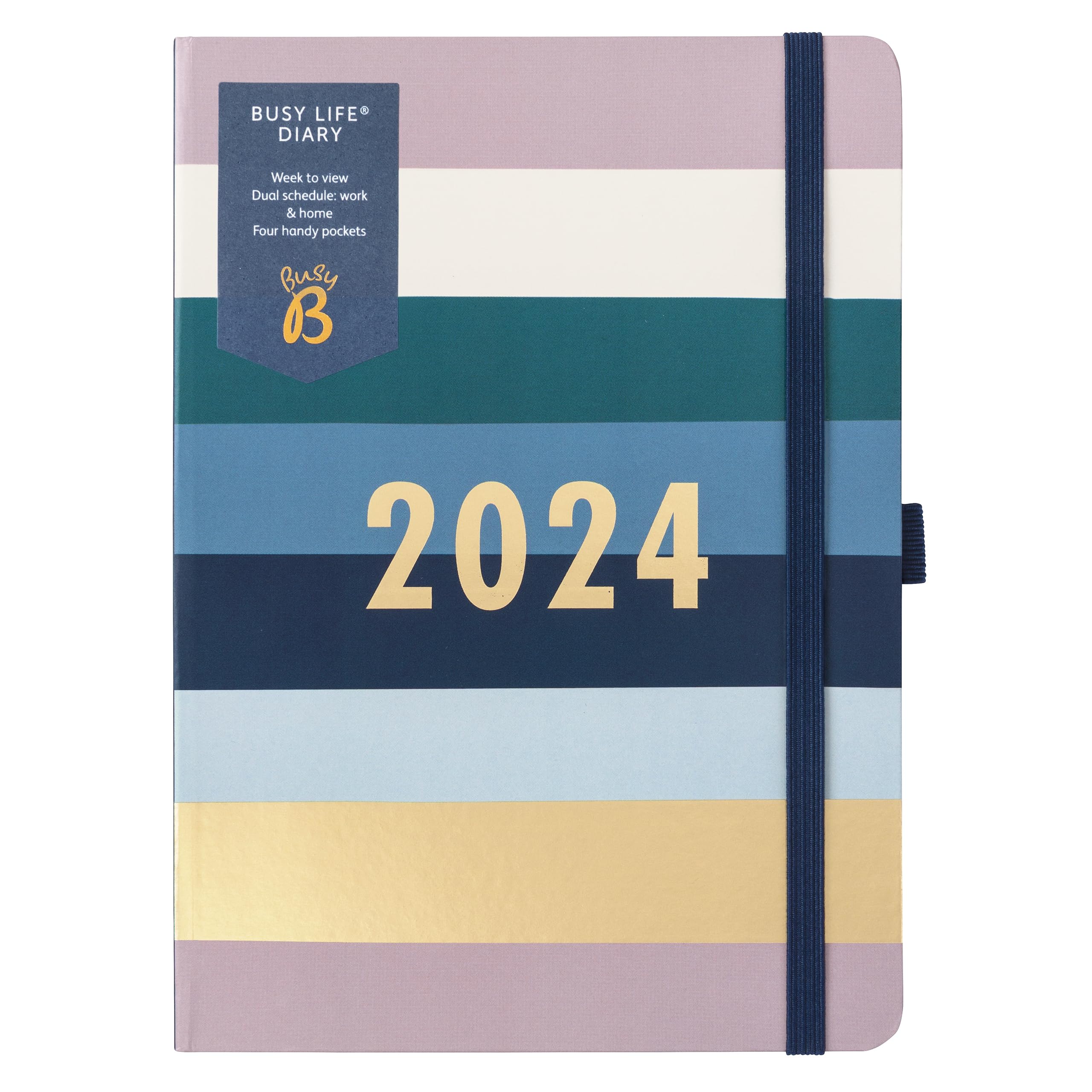 Busy B Busy Life Diary January to December 2024 - A5 Stripe - Week to View Planner with Dual Schedules, Pen Holder and Pockets — image 1
