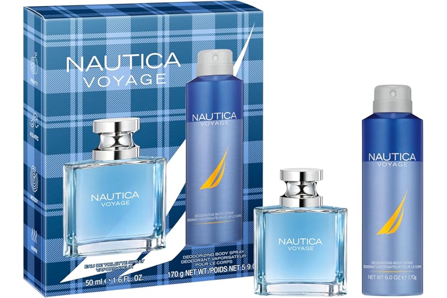 Nautica Voyage Giftset, 1.6 fl oz EDT + 6 oz Deodorizing Body Spray, Notes of Apple, Cedarwood, Mimosa, Men’s Fragrance, Long Lasting, Everyday Fragrance