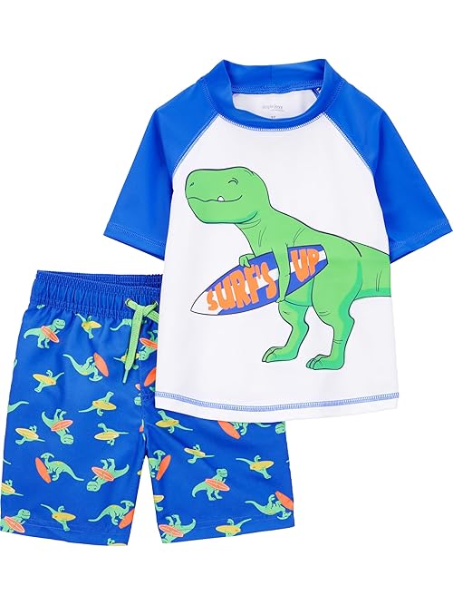 Simple Joys by Carter's Toddler Boys' Swimsuit Trunk and Rashguard Set, Blue White Dinosaur, 2 Years