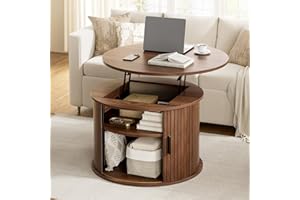 FABATO Round Lift Top Coffee Table, Fluted Wood Accent Coffee Table with Hidden Storage and Open Shelves, Drum Table with Sli