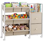 Modanais Kids Toy Organizers and Storage Bins, Off White | 7 Storage Bins + 2 Fabric Drawers + 1 Bookshelf, Playroom Storage, Organizer for Toy, Clothes, Blankets and Books